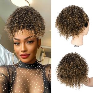 Short Brown Curly Messy Bun Drawstring Ponytail Extensions for Black Women Synthetic Ombre Blonde Curly Ponytail Extension Brown Afro Drawstring Ponytali Hair Piece for Women 1B/27#