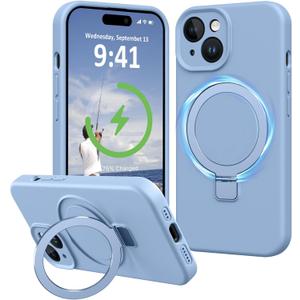 Compatible with iPhone 14 Plus Case Stand, Full Camera Protection Slim Liquid Silicone Phone Cases for iPhone 14 Plus Compatible with MagSafe Magnetic Ring Kickstand Case 6.7", Light Blue