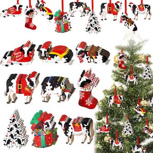 36 Pieces Christmas Cow Ornaments for Christmas Tree Wooden Western Cow Print Hanging Decorations Farm Animal Ornaments Decor for Xmas Holiday Party Favors Door Farmhouse Stocking Stuffers