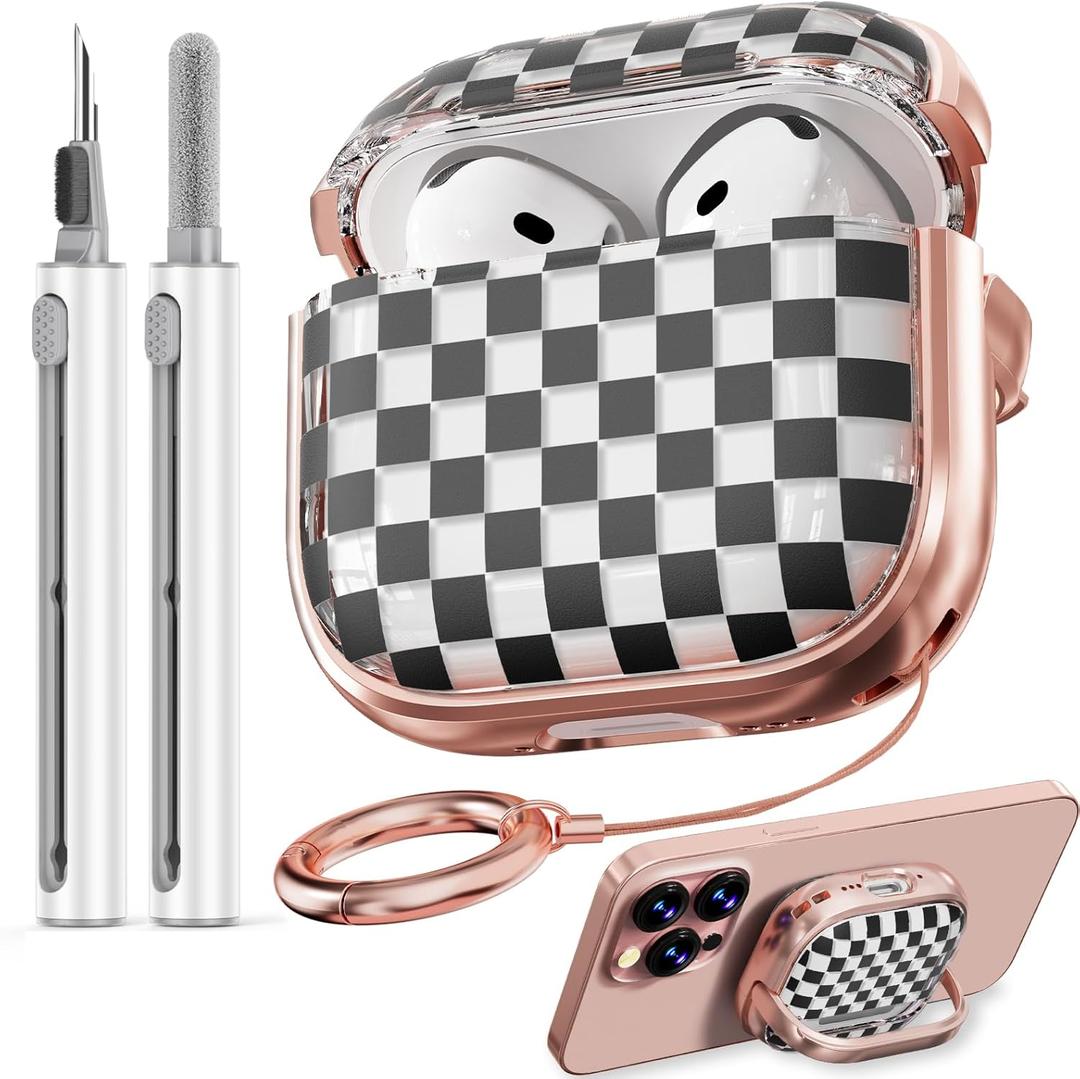 Inesore with Safety Lock for AirPods 4 Case,Clear Floral Cute AirPod 4th Generation Case for Women Girly with Cleaner Kit and Keychain- Gold Checkerboard