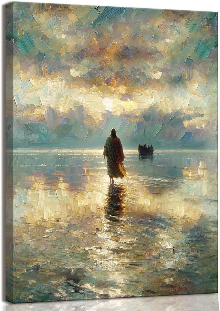 Framed Jesus Pictures for Wall God Canvas Wall Art Jesus Walking on Water Paintings print for Living Room Christian Art Decor Religious Posters Ready to Hang 24x36Inches