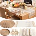 4 Sets Boho Decoration Placemats Round Woven Placemats, Cloth Napkins, Wood Bead Napkin Rings, Long Table Runner and Farmhouse Burlap Cotton for Table Kitchen (White,12x72)