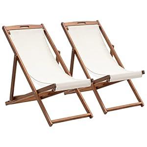 FDW Outdoor Wooden Patio Lounge Chair 2 Set Beach Sling Chair Set Height Portable Reclining Beach Chair Solid Wood Frame with White Polyester Canvas 3 Level, Khaki