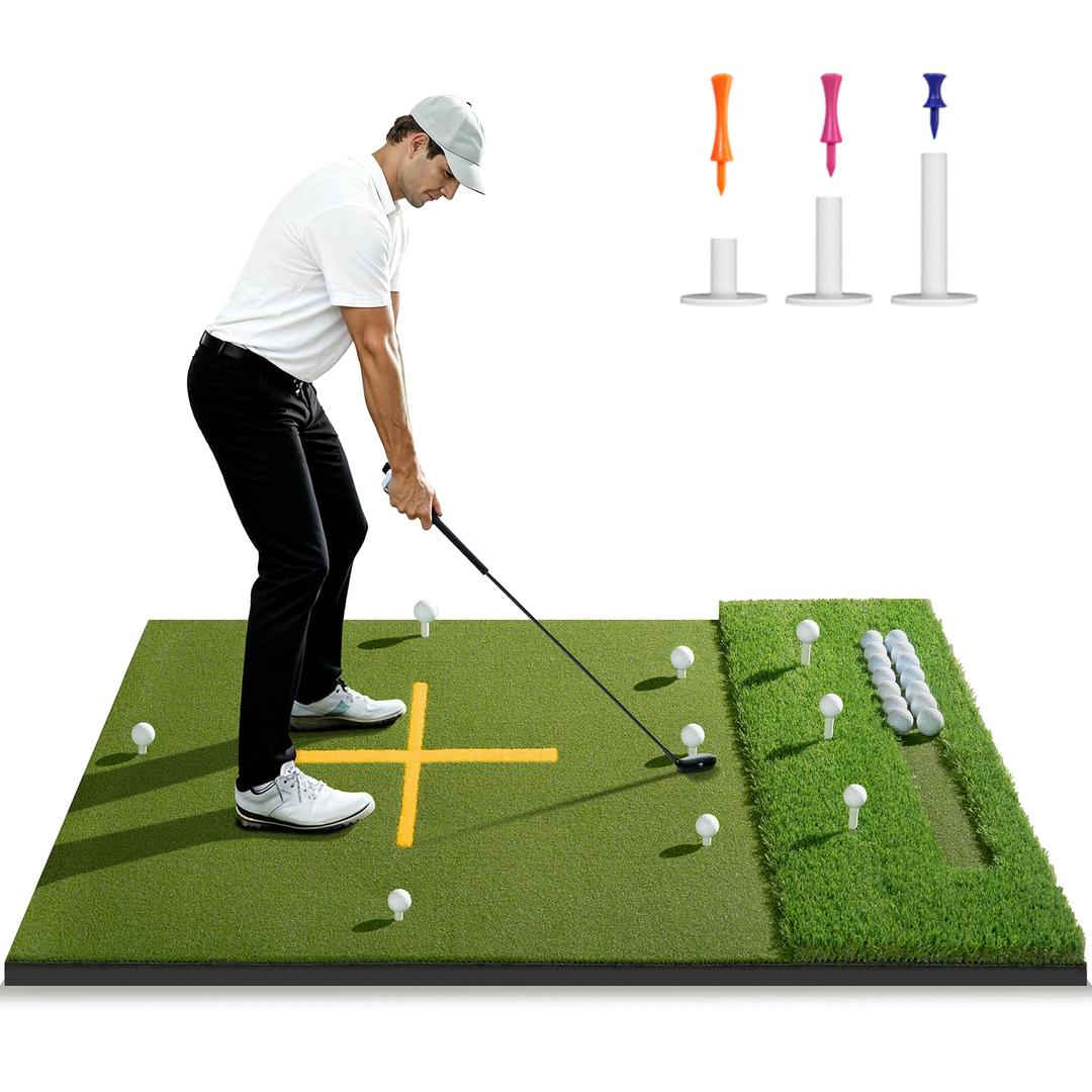 5.2x4FT 21-45mm Dual-Turf Golf Mat with Ball Tray, Thickened Golf Hitting Mat with 9 Hitting Holes, Alignment Aid, 10mm Thick Practice Mat for Indoor Outdoor Swing Training, Gifts for Men/Dad/Him