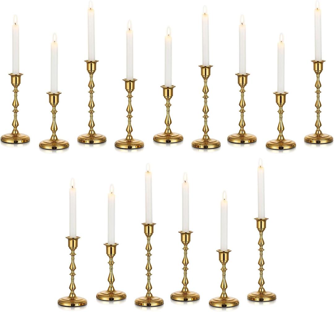 Brass Candlestick Holders Vintage: Set of 15 Gold Taper Candle Holder Metal Candle Sticks Holder Antique Decoration for Dinning Table Mantel Wedding Centerpieces Christmas Party