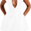 LuFeng Women's Summer Sexy Cap Sleeve Deep V Neck Zipper A-line Mini Dress Hollow Bodycon Night Out Party Dress (White, M)
