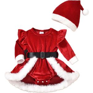 Gueuusu Toddler Baby Girls Christmas Sweatshirt Dress Velvet Long Sleeve Furry Belted Jumpsuit Skirt Infant Christmas Outfit (9-12 Months, Red)