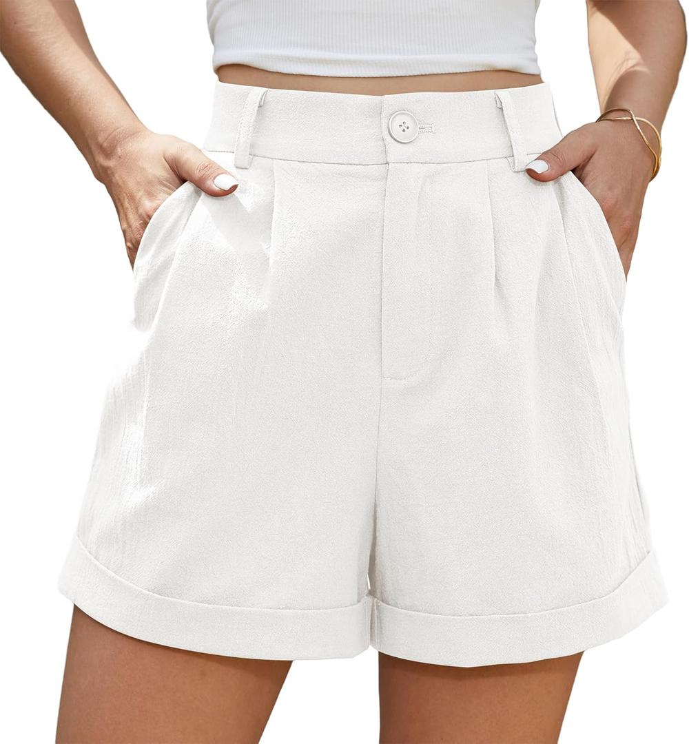 Jouica Womens Summer High Waist Shorts Roll Up Pleated Zippered Wrap Hem Wide Leg Shorts with Pockets (Large, 01white)