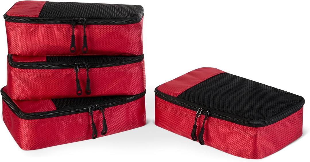 4-Piece Space-Saving Packing Cubes Travel Accessories Set, Luggage Organizer with Double Zipper, Mesh Top, Small, Red 