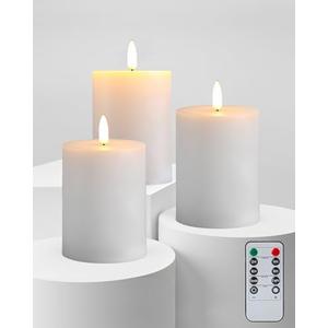 Gmnee 2"x4" Flickering Flameless Candles with Remote Timer, 3" Diameter White Pillar, Real Wax, Set of 3 Large Battery Operated LED Candles for Table and Fireplace Decor (H 4")