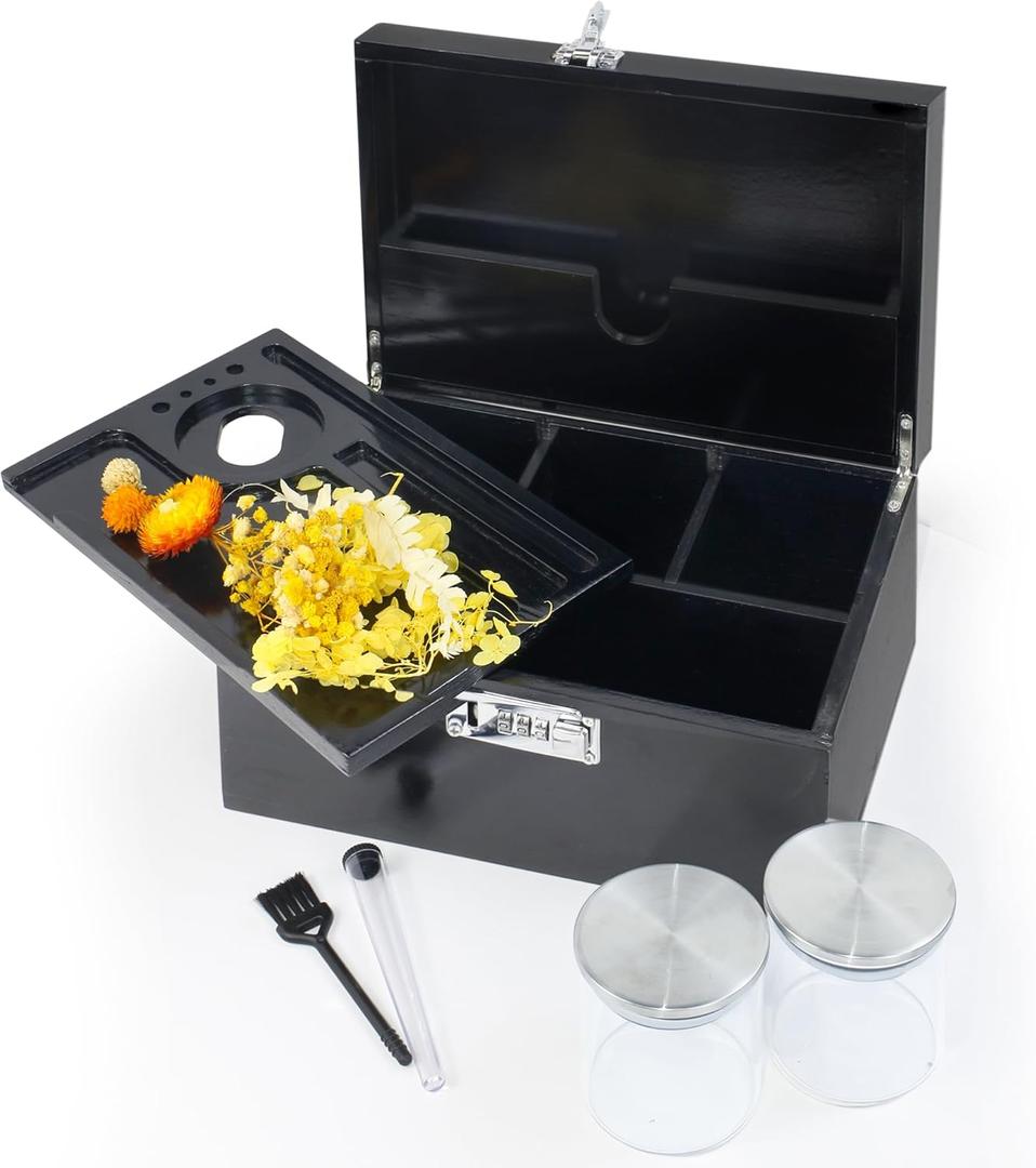 SENSUNIQ Large Wooden Box, Locked Storage Decorative Box with Combination Lock, Wood Lock Box with Lid, Wooden Locked Storage Box with Removable Tray and Jars (Black Box Set)