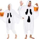 Ghost Adult Onesie - Spirit Halloween Costume - Plush Spooky One Piece Cosplay Suit for Adults, Women and Men FUNZIEZ! (Medium, White)