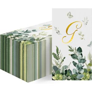 Horaldaily 100 Spring Disposable Paper Decorative Guest Napkins, Watercolor Eucalyptus Monogram Gold Foil Letter G for Party Lunch Dinner Kitchen Bathroom