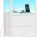 Furologee LED Night Stand with Charging Station, White Nightstand with Fabric Drawers, Bedside Table with Storage Shelf, End Table for Living Room/Bedroom/Dorm