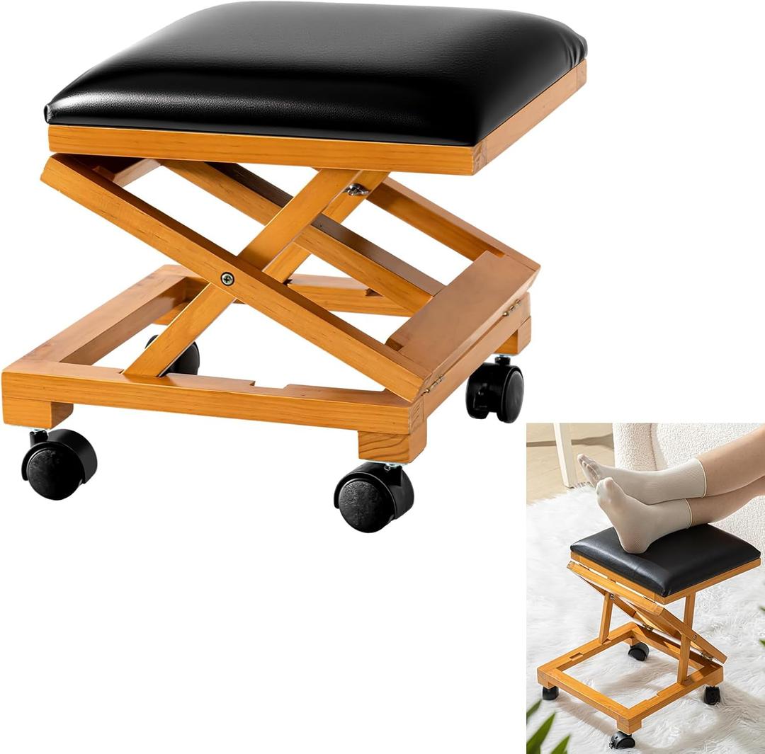 CroBlissful 1 Pack Rolling Adjustable Foot Rest Foldable Under Desk Ottoman with Wheels Leather Foldaway Guitar Foot Stool for Home Office Living Room Bedroom