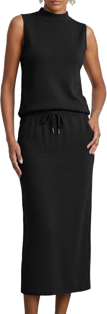 Casly Lamiit Women's 2 Piece Set Sleeveless Mock Neck Midi Skirt Sets Lounge Travel Outfit Matching Summer Casual Clothes (Black, XS)