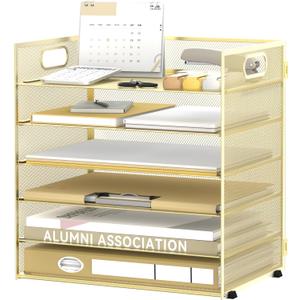 Daltack 6 Tier Paper Organizer for Desk, Paper Letter Tray Organizer for Desks, Mesh Desk File Organizers with Handle for Office, Home, School, Gold