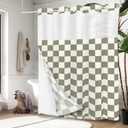 Tititex No Hooks Snap in Liner Beige Sage Green Checkerboard Shower Curtain Sets, Hotel Luxury Grid Double Layers Waterproof Fabric & See-Through Top Window Bathroom Decorative 72x72 Inch