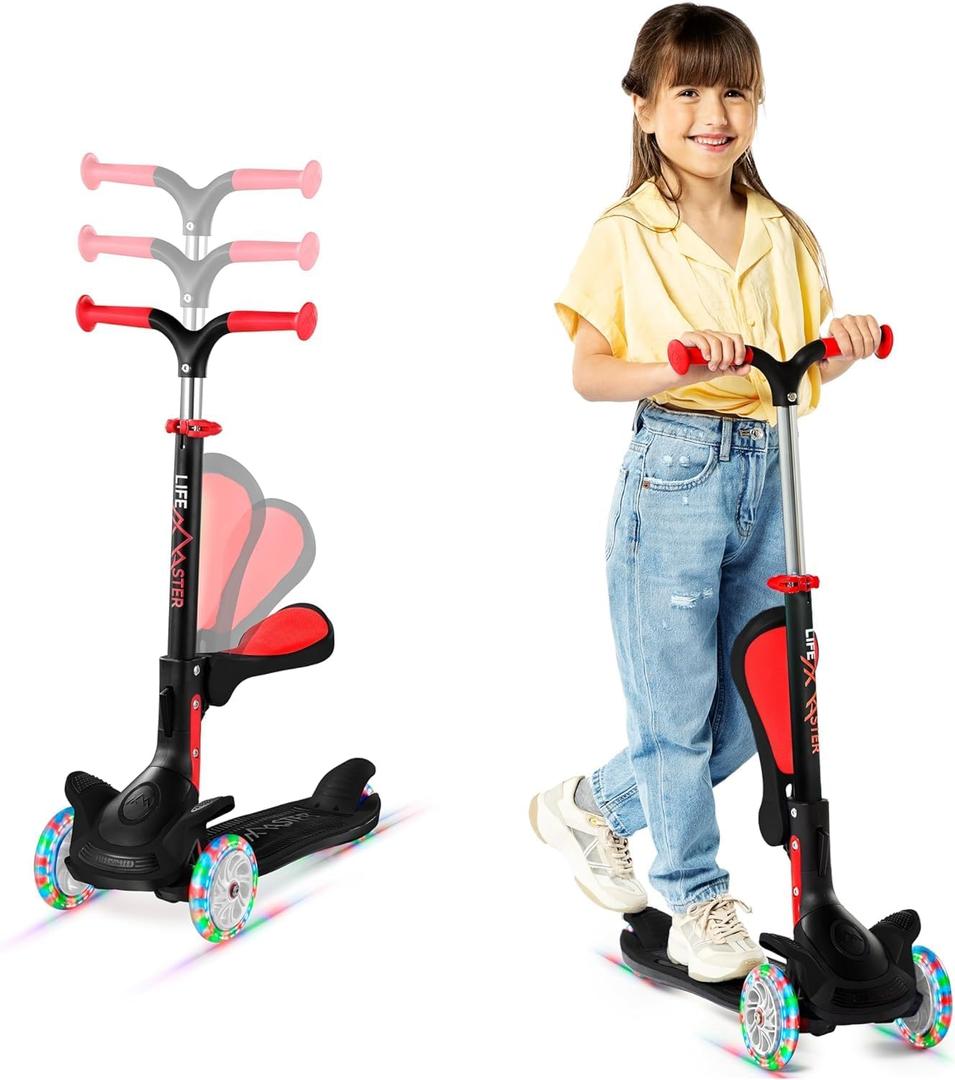 Kids Scooter  Foldable Seat  LED Wheel Lights Illuminate When Rolling  Children and Toddler 3 Wheel Kick Scooter  Adjustable Handlebar  Indoor and Outdoor- by Lifemaster (Black)