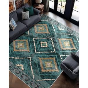 Area Rug 8x10 Rug Machine Washable Non-Slip Low Pile Print Pattern Western Rug for Living Room Bedroom Entryway-Teal/Green