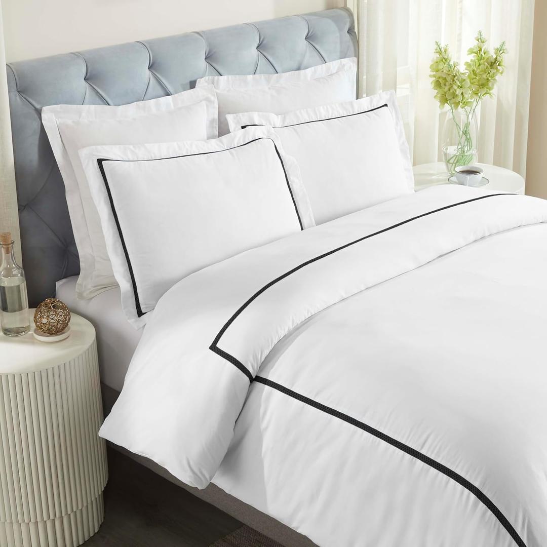 Superior Embroidered Cotton Duvet Cover Set, Soft Bedding Covers, 1 Duvet Cover with Button Closure, 2 Pillow Shams, Cotton Cross-Stitch, Riverton Collection, King/California King Size, White/Black
