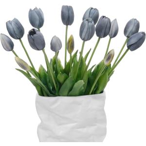 15 Pcs Fall Blue Artificial Tulips Fake Flowers, Premium Latex Lifelike Texture, UV Resistant Waterproof Faux Tulip Bouquets with Snap-on Petals for Outdoor, Home, Wedding Decor