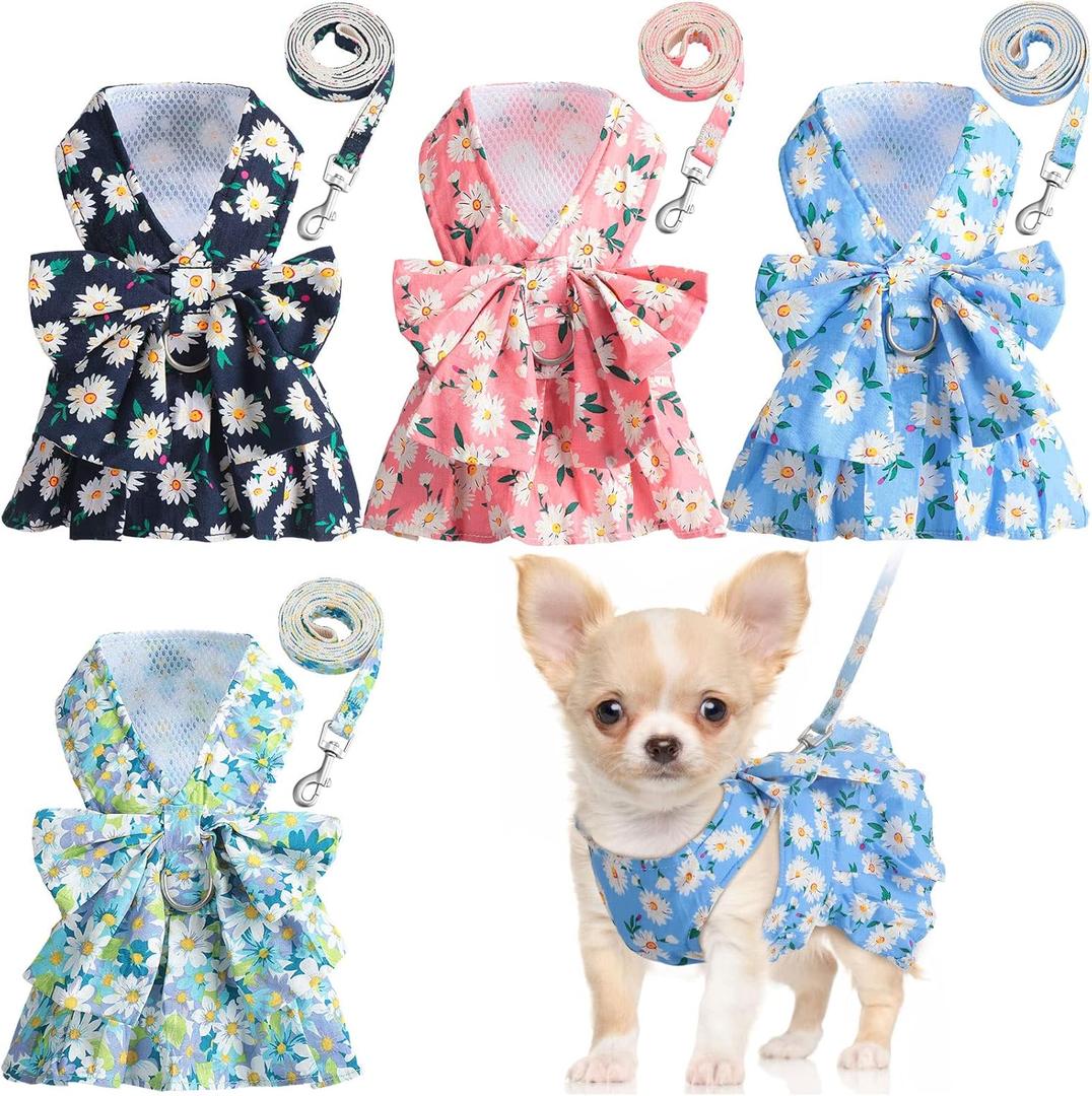Sanwuta 4 Pack Harness Dog Dress Bowknot Leash Set Floral Princess Dog Harness Dress Vest with Leash Pet Doggy Outfits for Outdoor Walking, 4 Colors(X-Small)