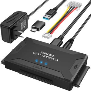 FEMORO Hard Drive Reader IDE SATA to USB 3.0 + USB C Adapter, 3in1 Ultra Data Retrieval Converter Kit with 12V/2A Power Supply for Internal 2.5'' SSD 3.5'' HDD IDE SATA Blu-ray Drive