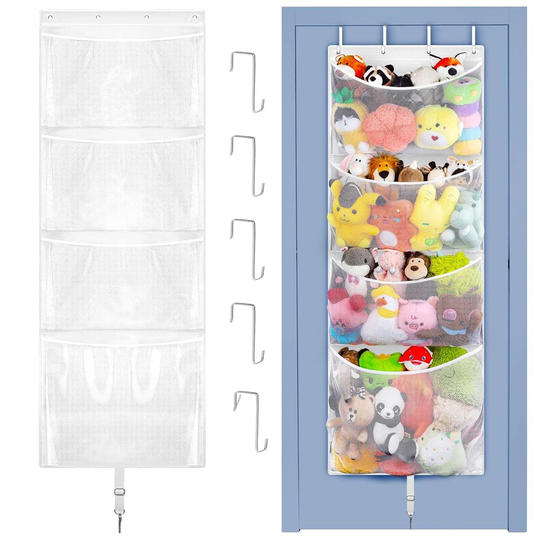Over Door Stuffed Animal Storage, Hanging Plush Toy Organizer Holder | Behind Door Organizer with 4 Large Pockets, Mesh Hammock Bag for Doll & Bear Stuffies, Idea for Girl Boy Kid Nursery Closet
