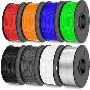 TECBEARS TPU Filament 1.75mm, 95A 3D Printer Filament, Flexible TPU Filament for Fast Printing, 250G Spool, 8 Rolls, 2KG in Total, Black+White+Transparent+Grey+Red+Blue+Green+Orange
