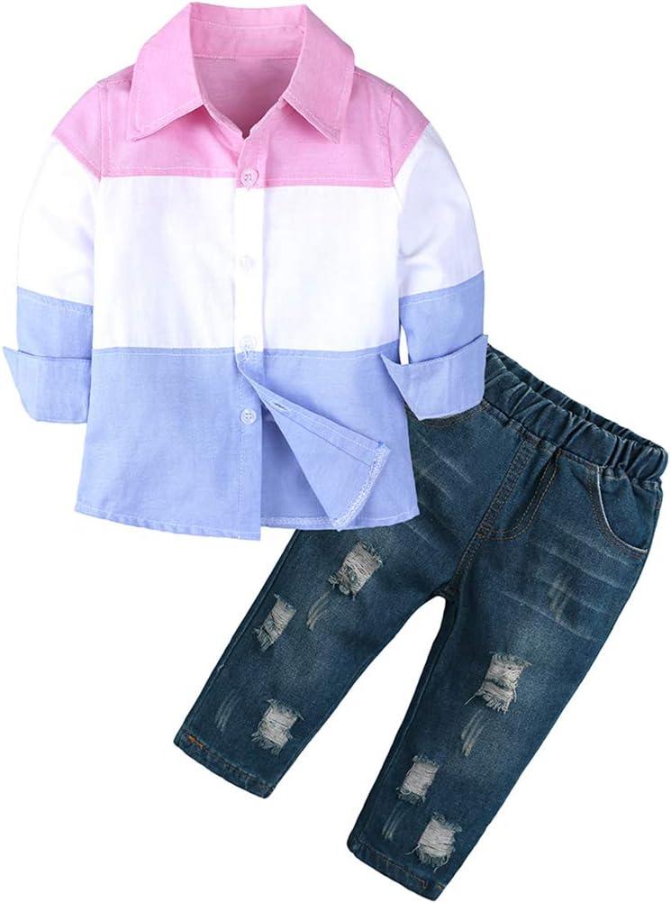 MYGBCPJS 3Pcs Boy Handsome Outfit Set Plaid Shirt + T-Shirt + Suspender Jean Sets (18-24 Months)
