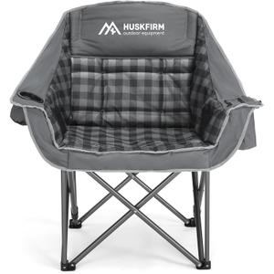 Huskfirm Oversized Camping Chair Padded Camping Chairs Heavy-Duty Foldable Camping Chairs with Cup Holder and Cooler Bag Portable Lawn Chair for Sports Outdoors-Support 450LBS, Grey, Single Pack