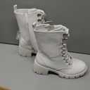 IDIFU IN3 Platform Combat Boots for Women Mid Calf Lace Up Boots Lug Sole Low Chunky Block Heel Boots Closed Round Toe Side Zipper Booties Fashion Thick Fall Heeled Boots-LOOSEN ALL LACES FIRSTLY (7, White Pu)