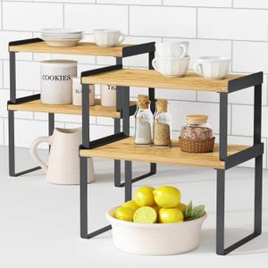 Kitchen Cabinet Organizer Shelves Set of 4, Expandable Counter Shelf Rack for Plate Dish Cup Mug Spice, Stackable Shelf Riser for Pantry Cupboard Desk Top Corner Storage (Bamboo, Black) (Medium)