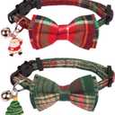 PTDECOR Christmas Cat Collars, Red Green Plaid Bowtie Xmas with Removable Bowtie Bell, Breakaway Plaid Bow Christmas Collars for Cats Kittens