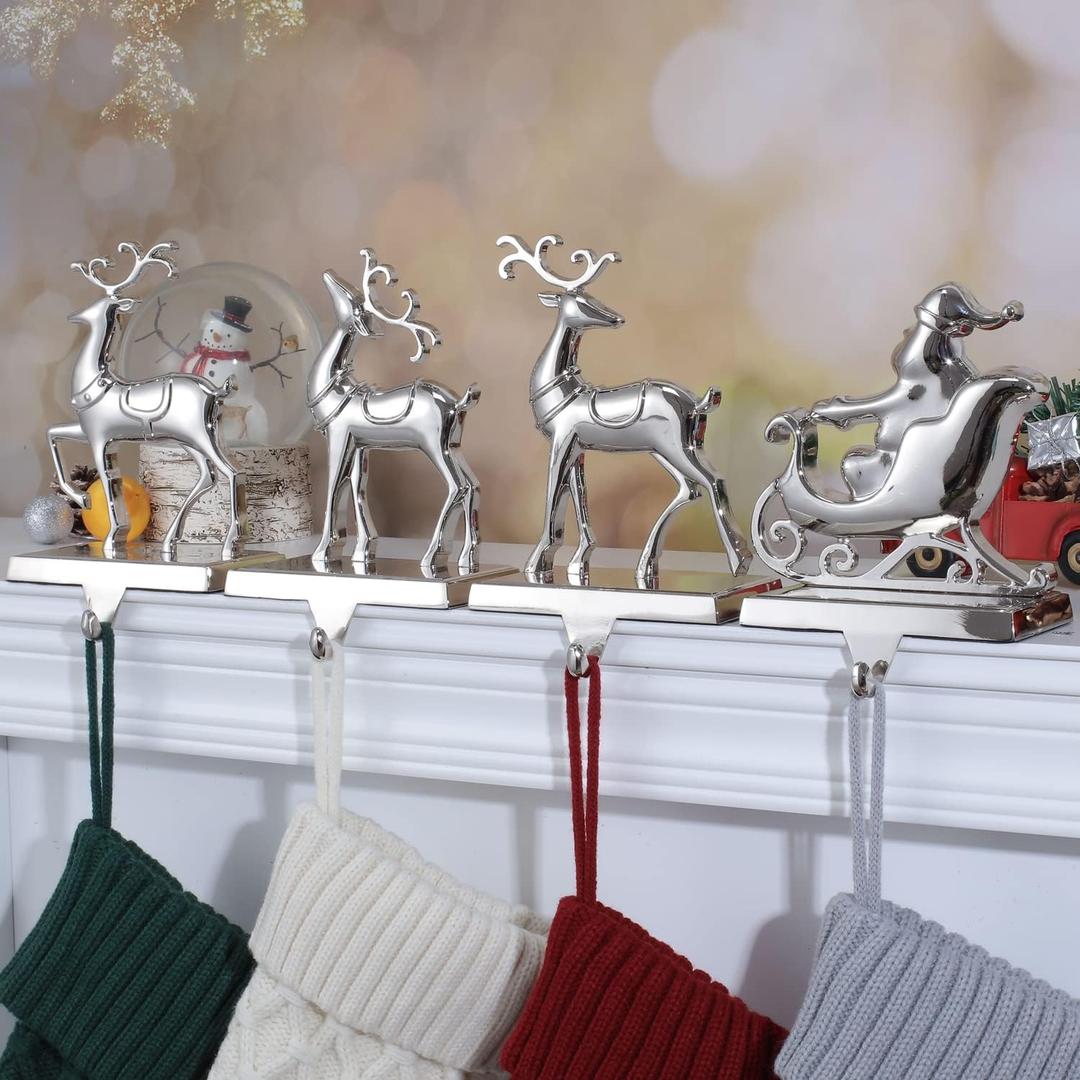 Deer Christmas Stocking Holders for Mantle Set of 4Reindeer and Sleigh Christmas Stocking Holders for Fireplace,Xmas Mantel Hooks Stocking Hanger for Mantle Christmas Hanging Grip Stockings Clip