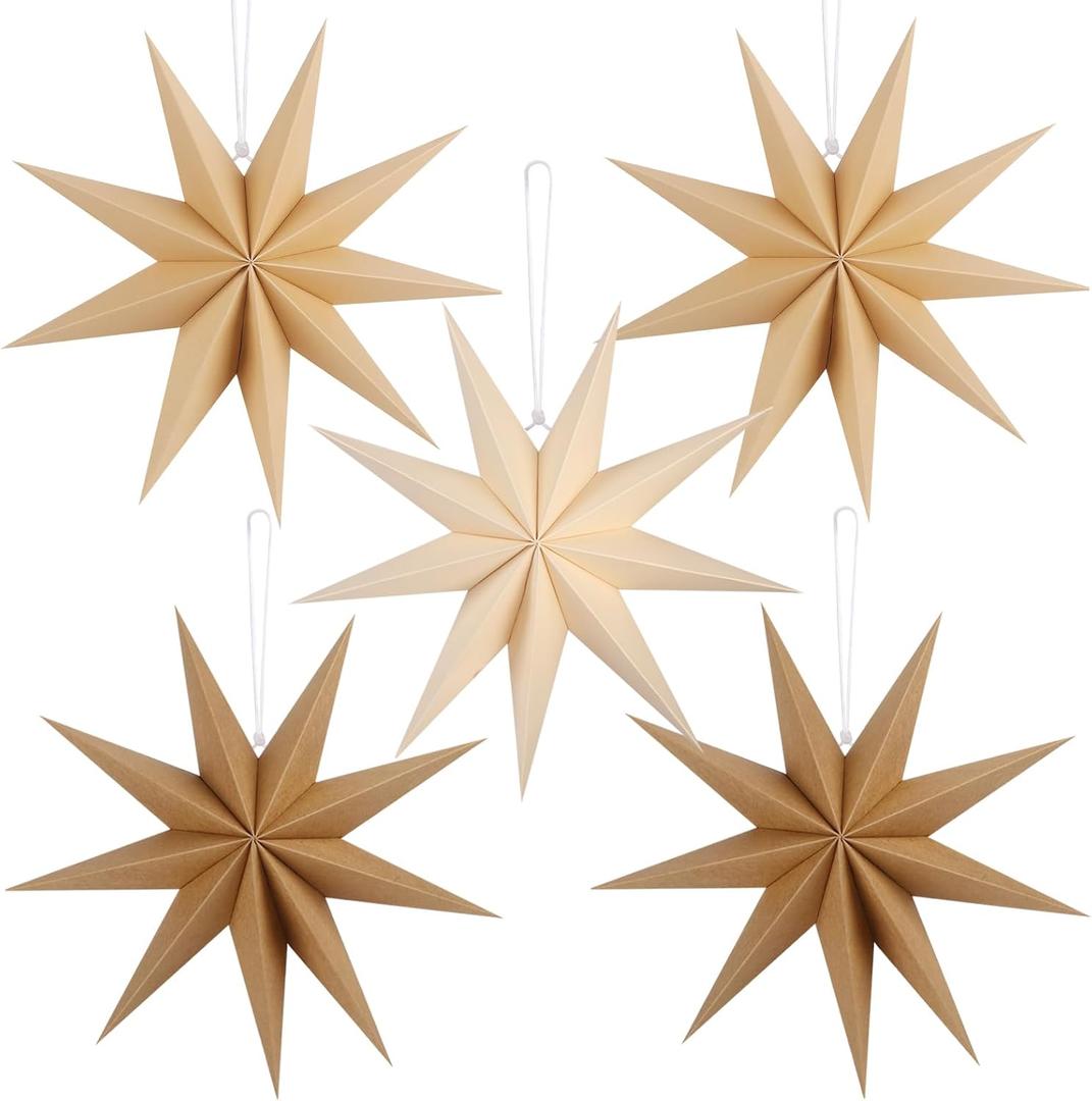 12 Inches 5 PCS Brown Paper Star Lanterns Hanging Khaki Stars Christmas Party Decorations Hanging Beige Lampshade Christmas Wedding Birthday Christmas Home Party Decorations (9 Pointed)