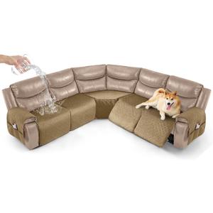 Timeles Waterproof Velvet Reclining Corner Sectional Couch Covers Extra Large L-Shaped Recliner Sofa Slipcover Without Backrest Thick Soft Washable (Khaki, Seat-Only: 5-Seat)