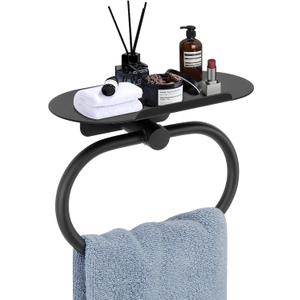 Hand Towel Ring with Shelf, 304 Stainless Steel Hand Towel Holder, Heavy Duty Bath Accessories, Wall Mounted Towel Hanger for Bathroom Kitchen (Matte Black)