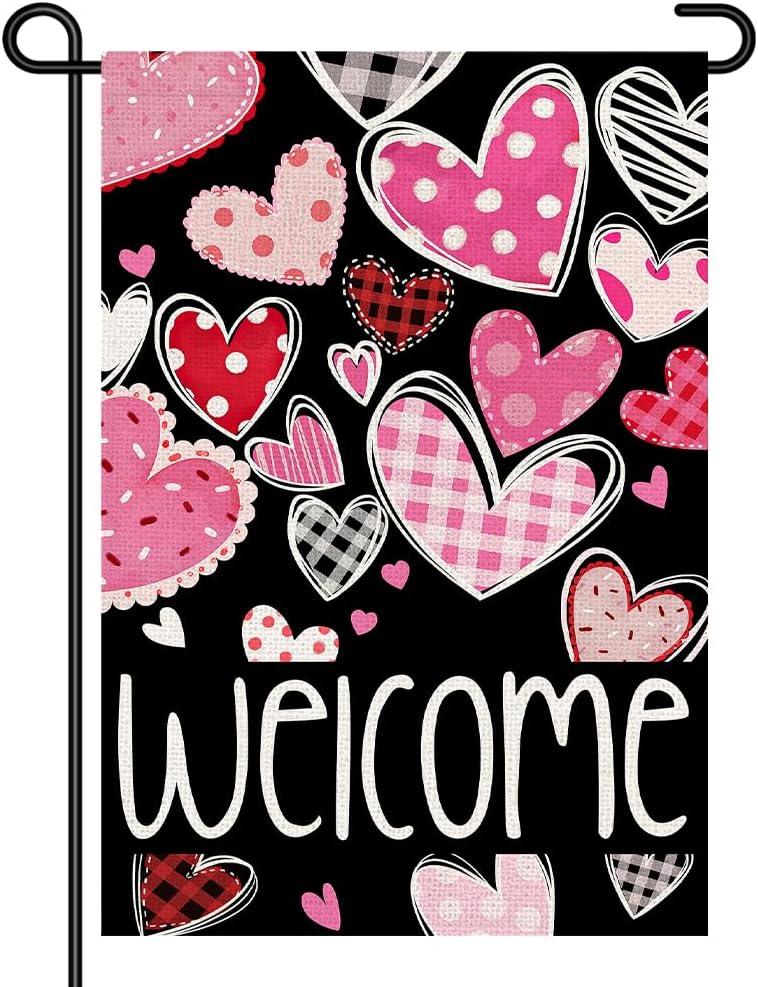 Valentines Day Welcome Garden Flag 12x18 Inch Double Sided Mini Flags, Cute Pink and Red HeartsTasteful Yard Sign for Front Porch, Lawn, Yard, Outdoor Decor DF965