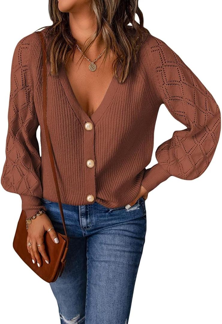 Astylish Women Long Sleeve Open Front Knit Button Down Cardigan Sweaters (Small, E Brick Red)
