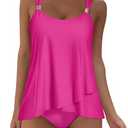 SUUKSESS Women Ruffle High Waisted Tankini Swimsuits Slimming Tummy Control Bathing Suits 2 Piece (Hot Pink, XL)