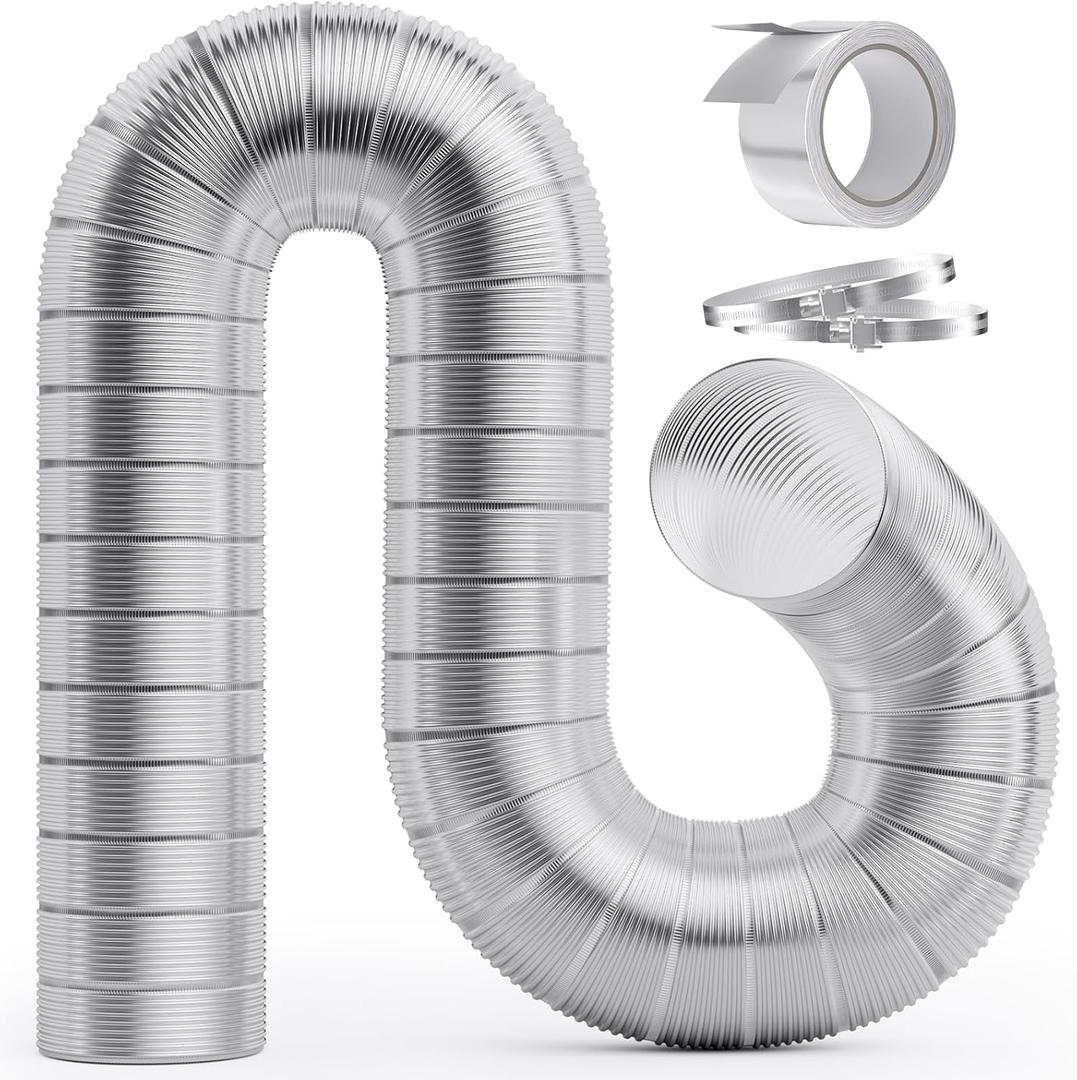 4 Inch 5FT Semi Rigid Dryer Vent, Flexible Aluminum Dryer Vent Hose with 2 Clamps and 3.9 Mil Aluminum Foil Tape for HVAC Ventilation, Duct Fan Systems