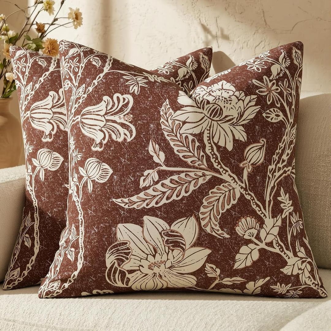 Vintage Floral Pillow Covers 20x20：Chocolate Brown Throw Pillow Covers Decorative Neutral Modern Farmhouse Boho Patterned Cotton Square Cushions Cover for Sofa Bed Living Room Pillowcases Pack of 2