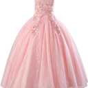 IDOPIP Sequin Flower Girl Lace Dress for Kids Wedding Pageant Party Formal Long Gown Princess First Communion Tulle Dresses (13-14 Years, Pink)