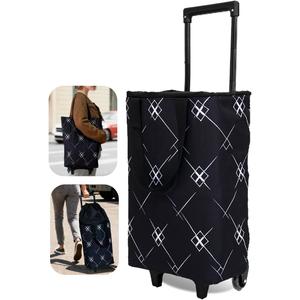 Foldable Rolling Bag, Portable Small Shopping Cart with Wheels, Collapsible Shopping Tote with Stylish Pattern for Market & Grocery RunsGift for Women & Seniors, Expandable L, Black