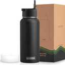Koodee 32 oz Water Bottle with Wide Handle Straw Lid, Vacuum Insulated 18/8 Stainless Steel Wide Mouth Flask (Black)
