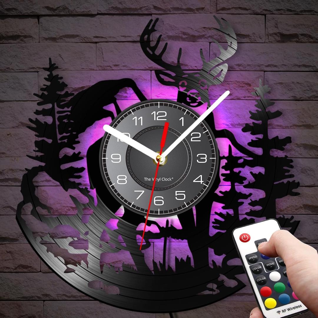 Timethink Cabin Deer Wall Clock with 7 Colors Changing, 12 Inch Deer Hunting Clock Silent Battery Operated Forest Wildlife Mountain Lodge Elk Rustic Farmhouse Wall Watch Clock for Man Cave