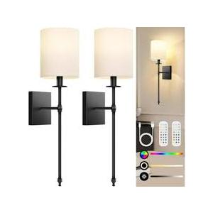 14.5 Inch Black Battery Operated Wall Sconces Set of 2, Rechargeable Wireless Wall Lights with Remote & White Fabric Shade, Indoor Not Hardwired Dimmable Wall Lamps for Bedroom, 2 Bulbs Included
