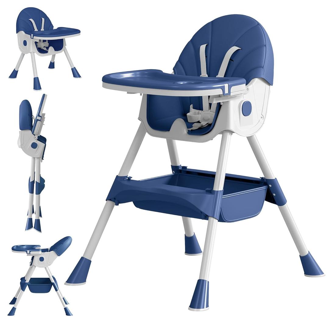 Baby High Chair, 5 in 1 High Chairs for Babies and Toddlers, Travel Foldable High Chair with Detachable PU Cushion, Double Removable Tray, Adjustable Height & Recline, Locking Wheels (Navy Blue)